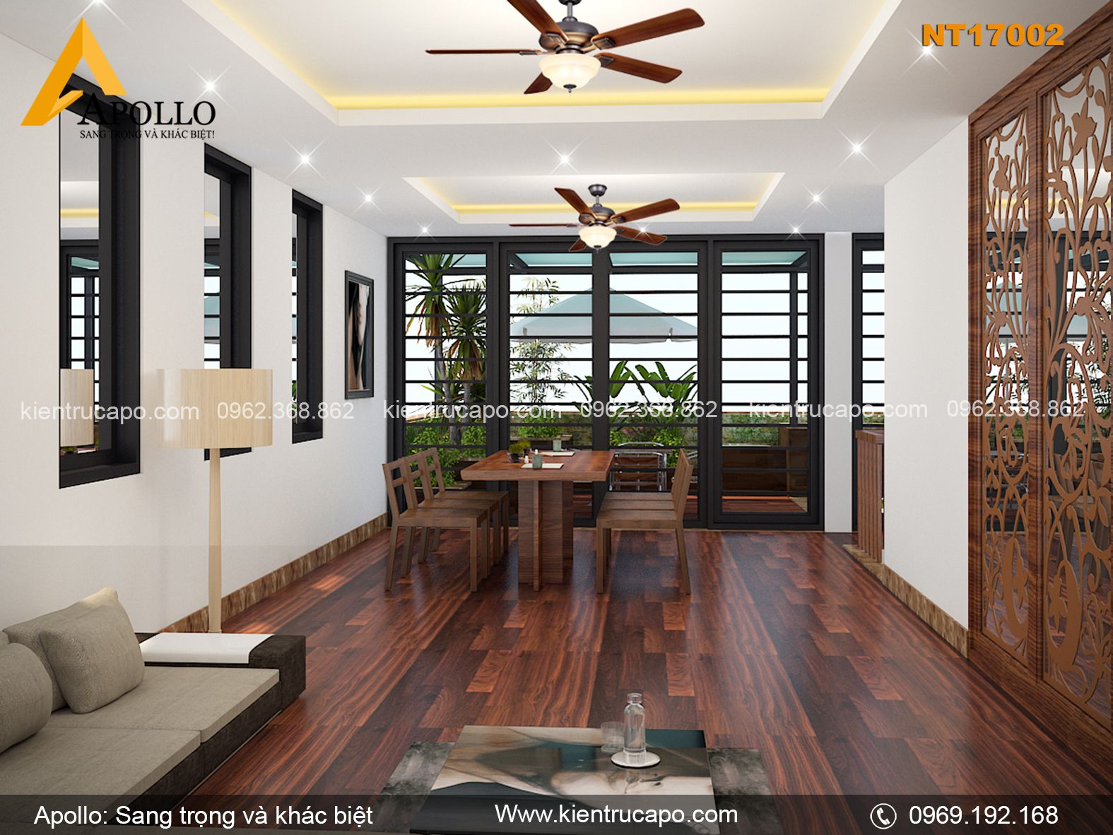 Mẫu nội thất hiện đại kết hợp sân vườn độc đáo ấn tượng (NT17002)